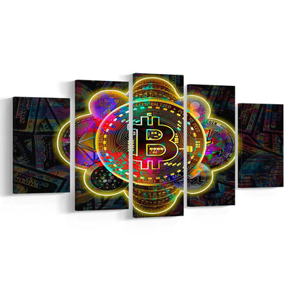 Bitcoin Flower Art Print, 5 Panel Mixed Canvas Print Wall Art, Home Decor, Neon Canvas
