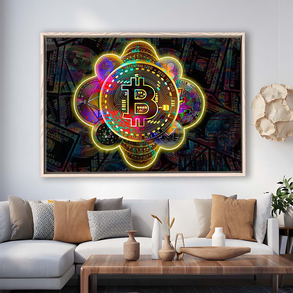 Bitcoin Flower Art Print, Framed Canvas Print Wall Art Decor, Floating Frame, Neon Effect Art