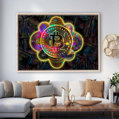 Bitcoin Flower Art Print, Framed Canvas Print Wall Art Decor, Floating Frame, Neon Effect Art