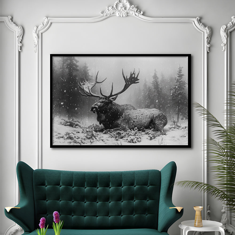 Black And White A Large Moose Lying in Winter Forest, Framed Art Print Wall Decor, Framed Picture