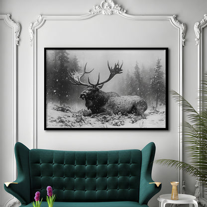 Black And White A Large Moose Lying in Winter Forest, Framed Art Print Wall Decor, Framed Picture