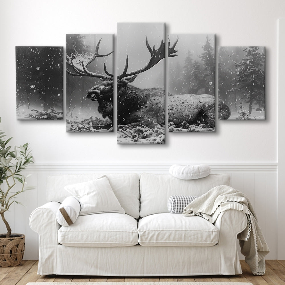 Black And White A Large Moose Lying in Winter Forest, Mixed Panels Canvas Print Wall Art