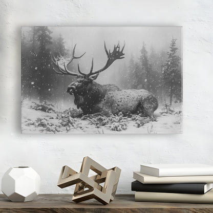 Black And White A Large Moose Lying in Winter Forest, Canvas Print Wall Art Home Decor