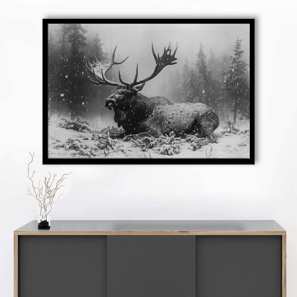 Black And White A Large Moose Lying in Winter Forest, Framed Art Print Wall Decor, Framed Picture