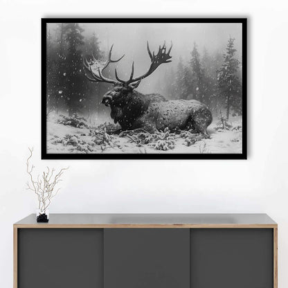 Black And White A Large Moose Lying in Winter Forest, Framed Art Print Wall Decor, Framed Picture