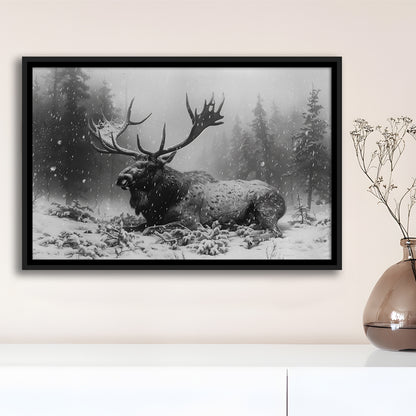Black And White A Large Moose Lying in Winter Forest, Floating Framed Canvas Print Wall Art