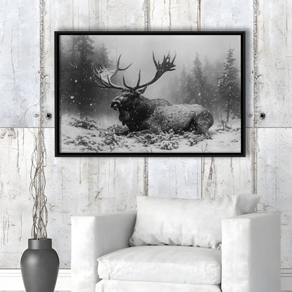 Black And White A Large Moose Lying in Winter Forest, Floating Framed Canvas Print Wall Art