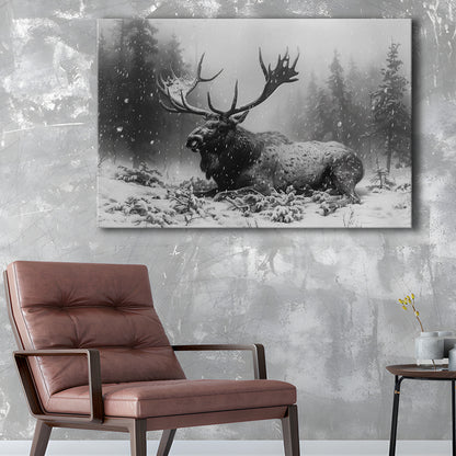 Black And White A Large Moose Lying in Winter Forest, Canvas Print Wall Art Home Decor