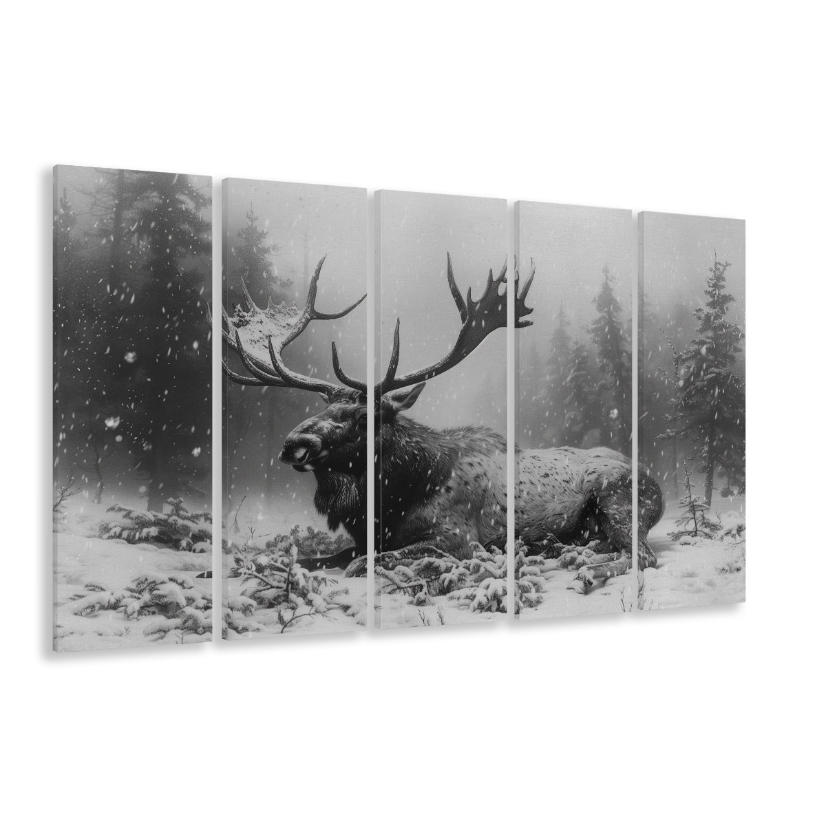 Black And White A Large Moose Lying in Winter Forest, Multi Panels Canvas Print Wall Art