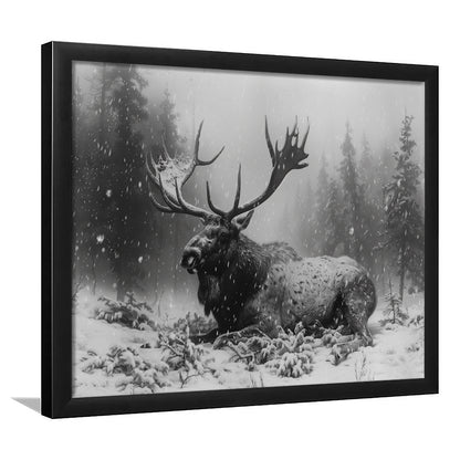 Black And White A Large Moose Lying in Winter Forest, Framed Art Print Wall Decor, Framed Picture