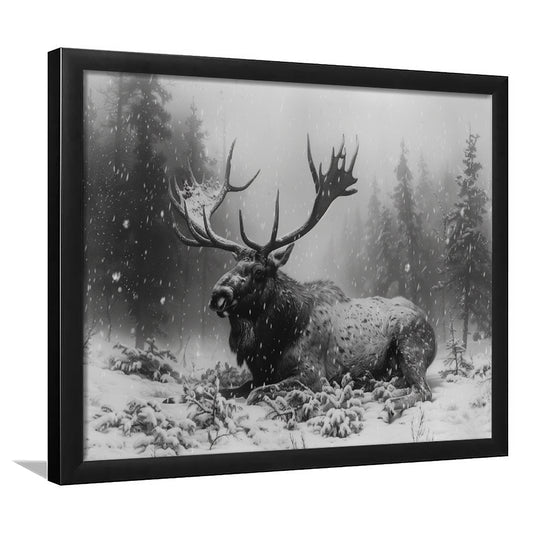Black And White A Large Moose Lying in Winter Forest, Framed Art Print Wall Decor, Framed Picture