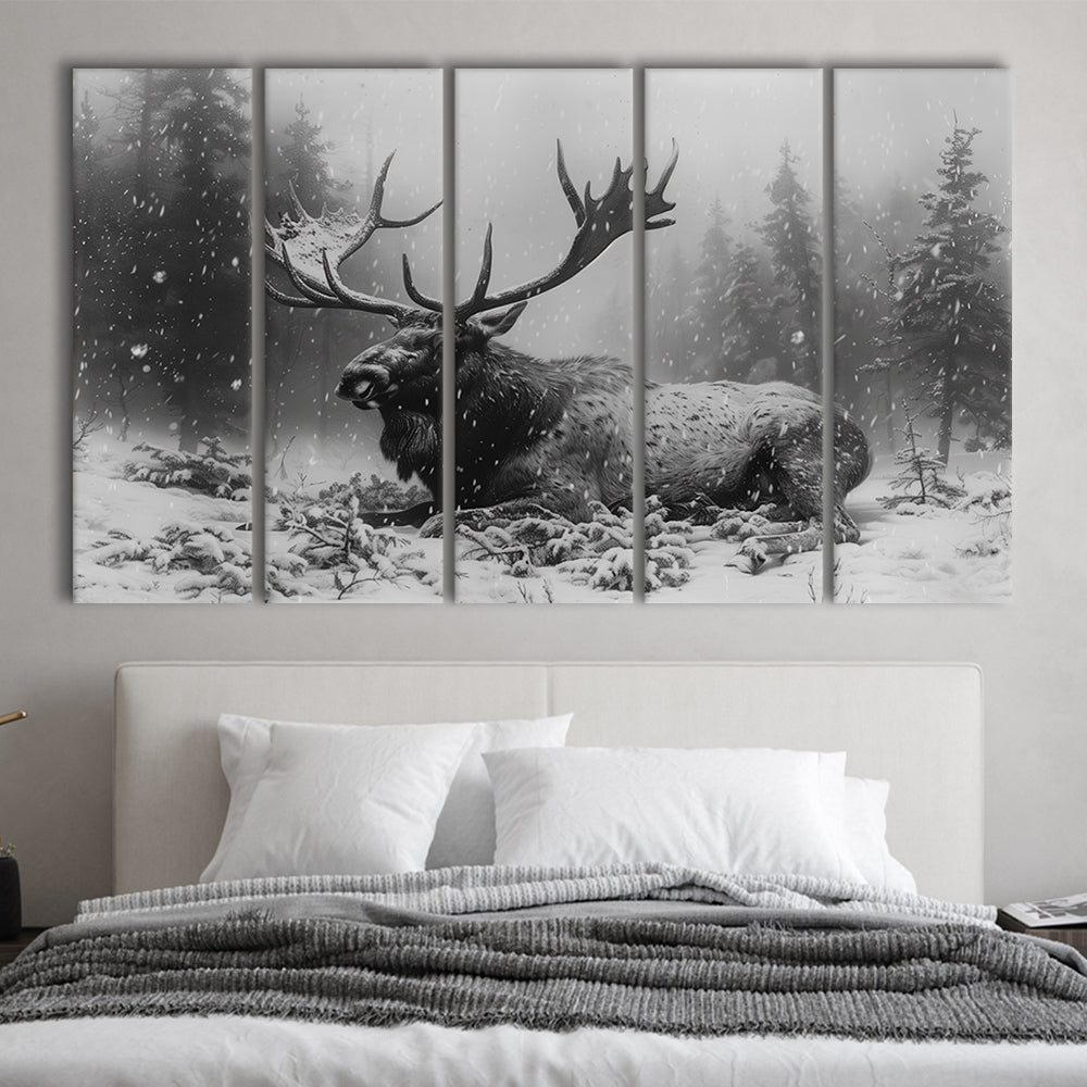 Black And White A Large Moose Lying in Winter Forest, Multi Panels Canvas Print Wall Art