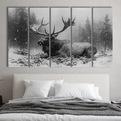Black And White A Large Moose Lying in Winter Forest, Multi Panels Canvas Print Wall Art
