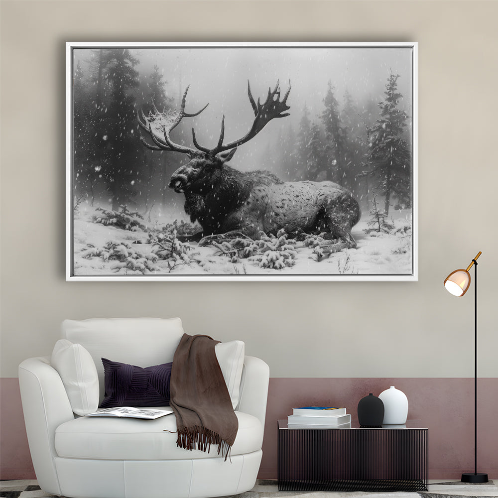 Black And White A Large Moose Lying in Winter Forest, Floating Framed Canvas Print Wall Art