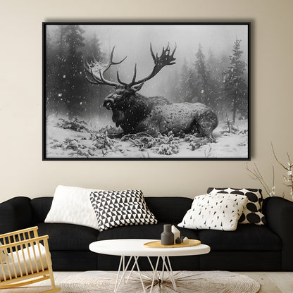 Black And White A Large Moose Lying in Winter Forest, Floating Framed Canvas Print Wall Art