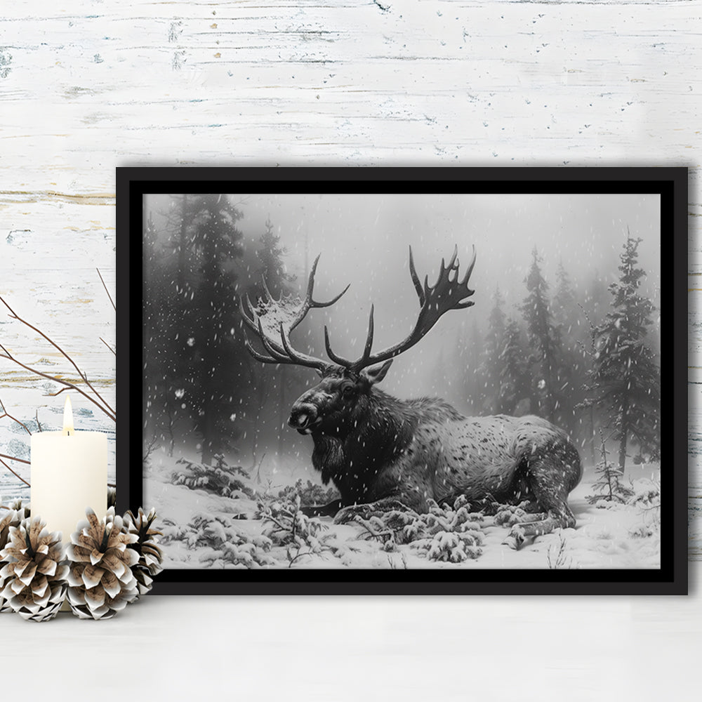 Black And White A Large Moose Lying in Winter Forest, Floating Framed Canvas Print Wall Art