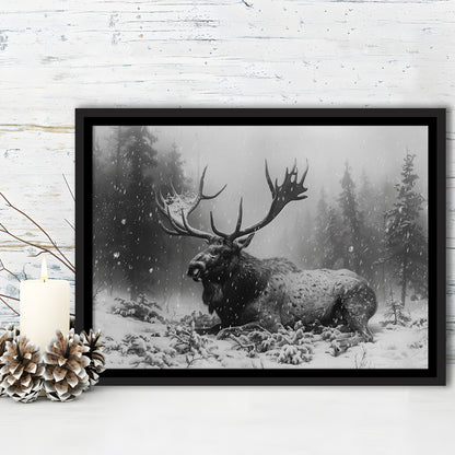 Black And White A Large Moose Lying in Winter Forest, Floating Framed Canvas Print Wall Art