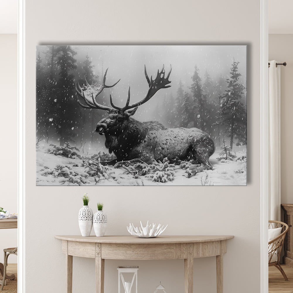 Black And White A Large Moose Lying in Winter Forest, Canvas Print Wall Art Home Decor