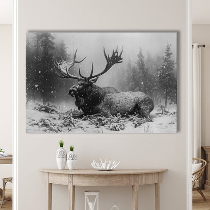 Black And White A Large Moose Lying in Winter Forest, Canvas Print Wall Art Home Decor