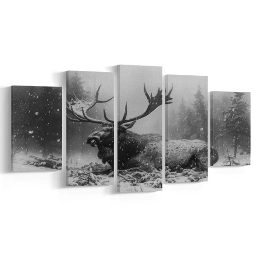 Black And White A Large Moose Lying in Winter Forest, Mixed Panels Canvas Print Wall Art