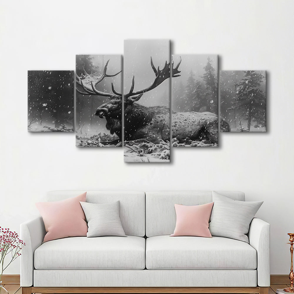 Black And White A Large Moose Lying in Winter Forest, Mixed Panels Canvas Print Wall Art