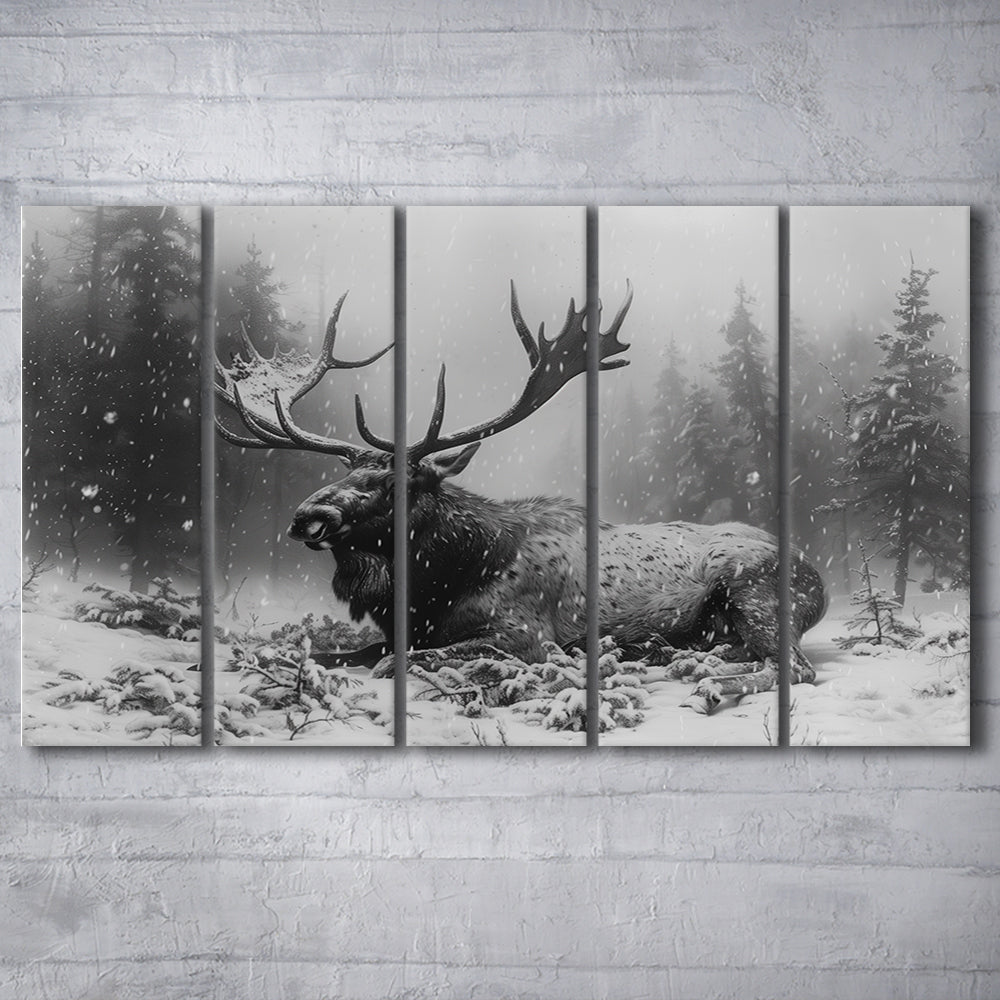 Black And White A Large Moose Lying in Winter Forest, Multi Panels Canvas Print Wall Art