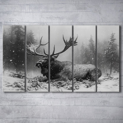 Black And White A Large Moose Lying in Winter Forest, Multi Panels Canvas Print Wall Art