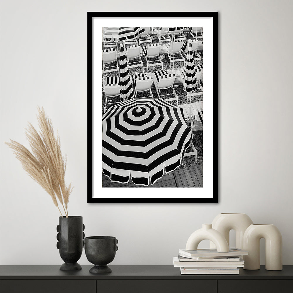 Black And White Beach Umbrellas Print, Beach Art, Framed Art Prints White Border Wall Decor
