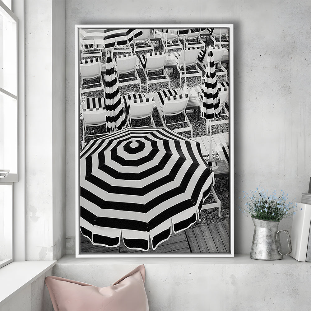 Black And White Beach Umbrellas Print, Beach Art, Framed Canvas Prints Wall Art