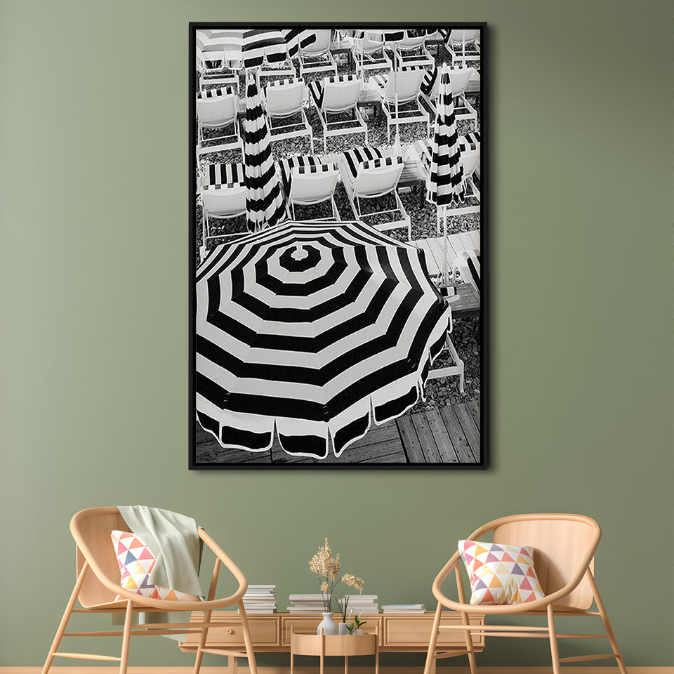 Black And White Beach Umbrellas Print, Beach Art, Framed Canvas Prints Wall Art