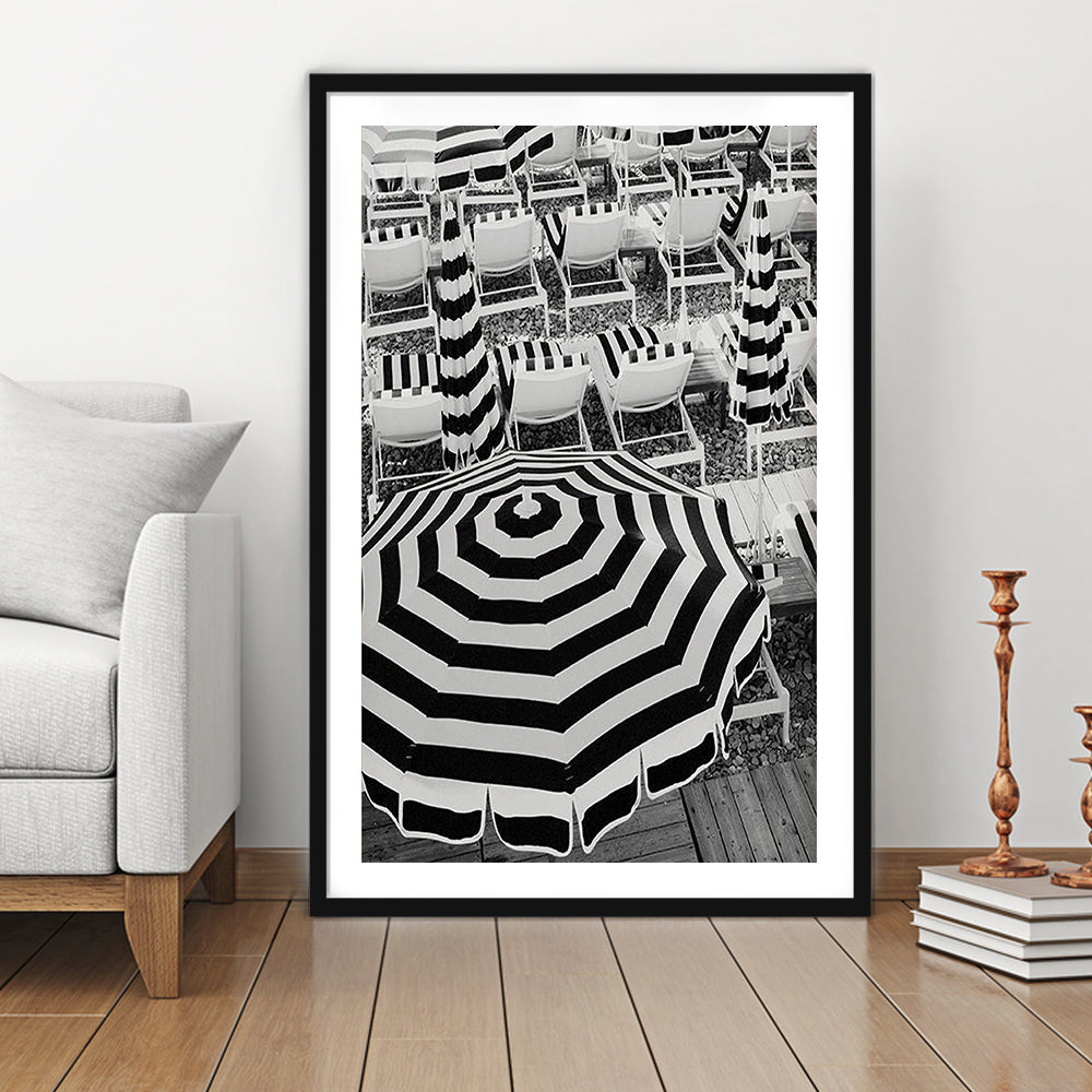 Black And White Beach Umbrellas Print, Beach Art, Framed Art Prints White Border Wall Decor