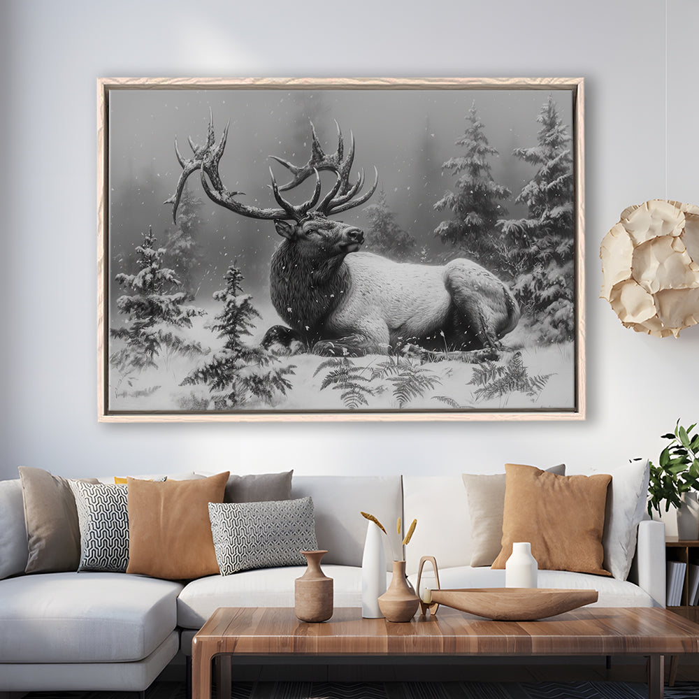 Black And White Elk With Antlers, Framed Canvas Print, Painting Art, Floating Framed Canvas Print Wall Art