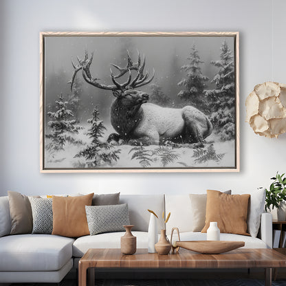 Black And White Elk With Antlers, Framed Canvas Print, Painting Art, Floating Framed Canvas Print Wall Art