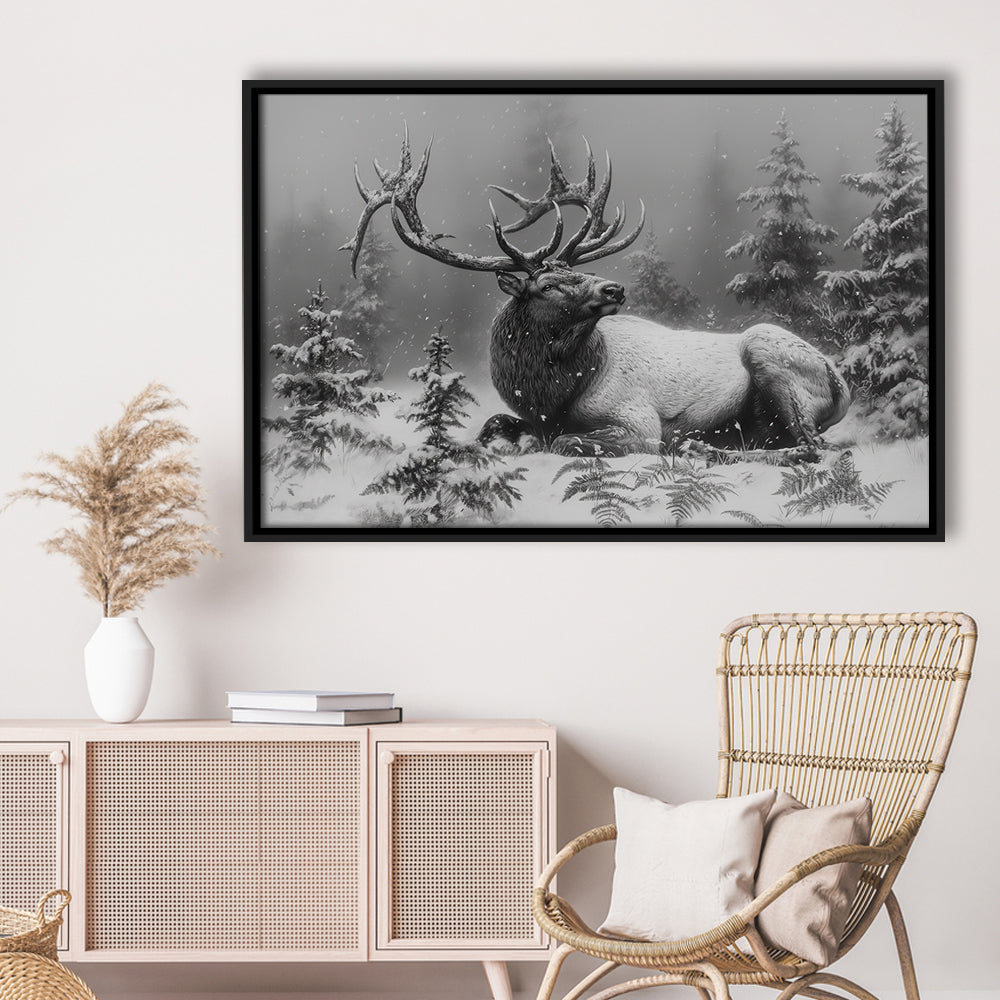 Black And White Elk With Antlers, Framed Canvas Print, Painting Art, Floating Framed Canvas Print Wall Art