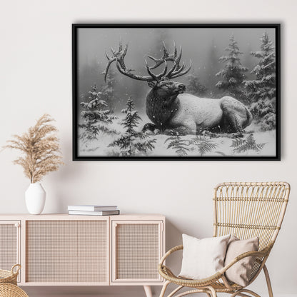 Black And White Elk With Antlers, Framed Canvas Print, Painting Art, Floating Framed Canvas Print Wall Art