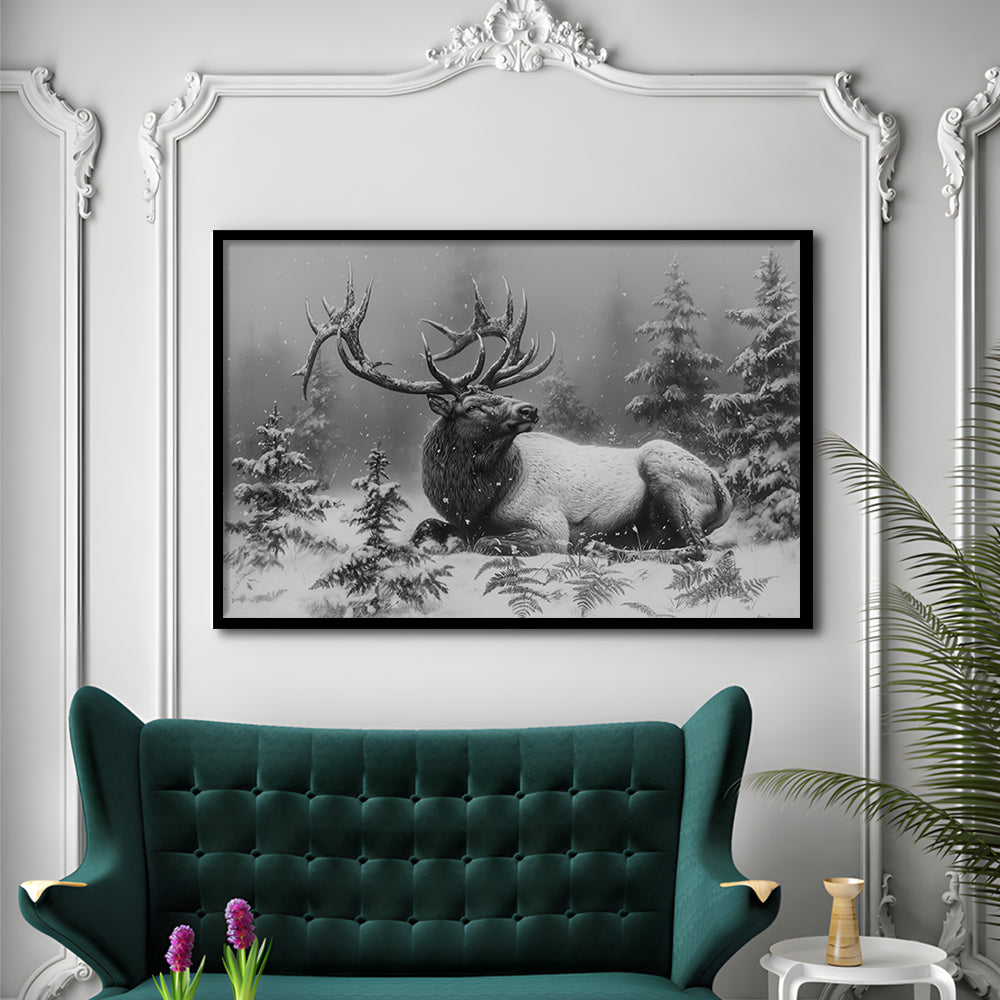 Black And White Elk With Antlers, Framed  Print, Painting Art, Framed Art Print Wall Decor, Framed Picture