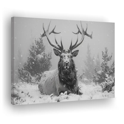 Black And White Elk With Antlers Lying in Forest, Canvas Art Decor Print, Painting Art, Canvas Print Wall Art Home Decor