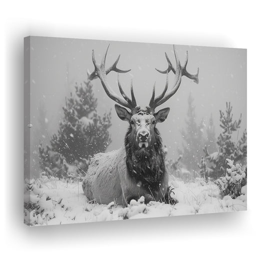 Black And White Elk With Antlers Lying in Forest, Canvas Art Decor Print, Painting Art, Canvas Print Wall Art Home Decor