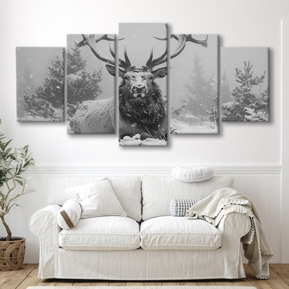 Black And White Elk With Antlers Lying in Forest, Canvas Art Decor Print, Painting Art, Mixed Panels Canvas Print Wall Art