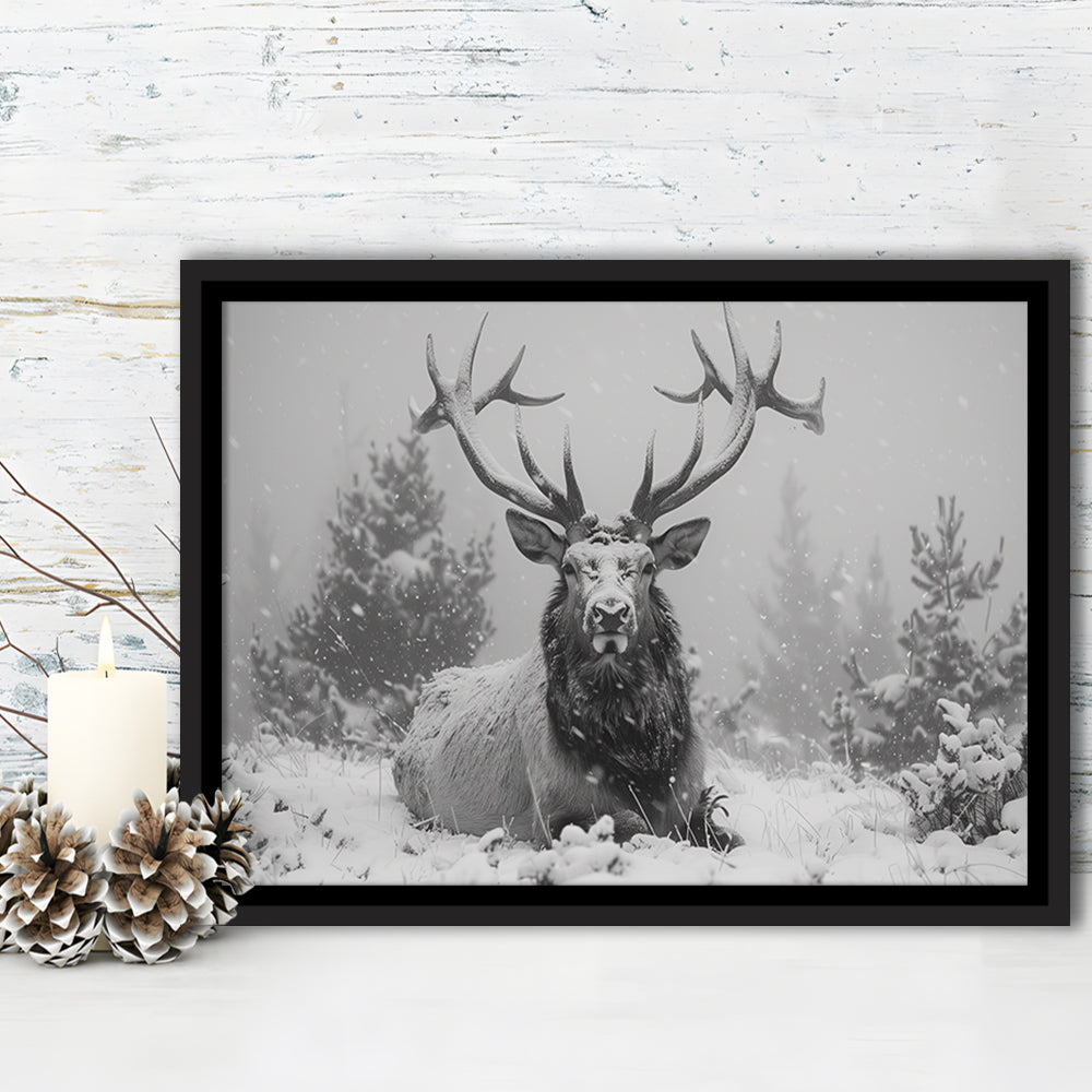 Black And White Elk With Antlers Lying in Forest, Framed Canvas Print, Painting Art, Floating Framed Canvas Wall Art