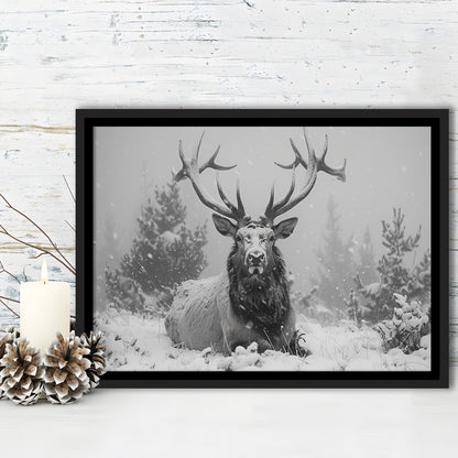 Black And White Elk With Antlers Lying in Forest, Framed Canvas Print, Painting Art, Floating Framed Canvas Wall Art