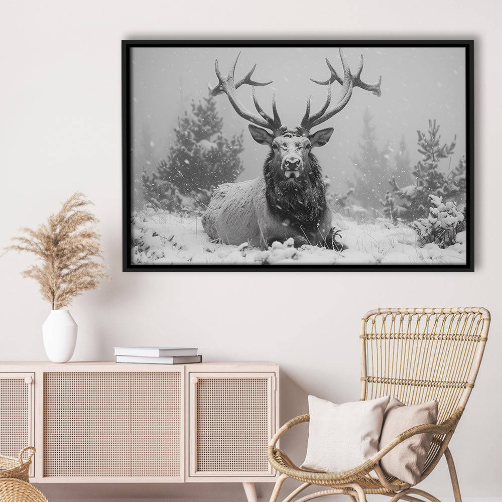 Black And White Elk With Antlers Lying in Forest, Framed Canvas Print, Painting Art, Floating Framed Canvas Wall Art