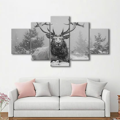 Black And White Elk With Antlers Lying in Forest, Canvas Art Decor Print, Painting Art, Mixed Panels Canvas Print Wall Art