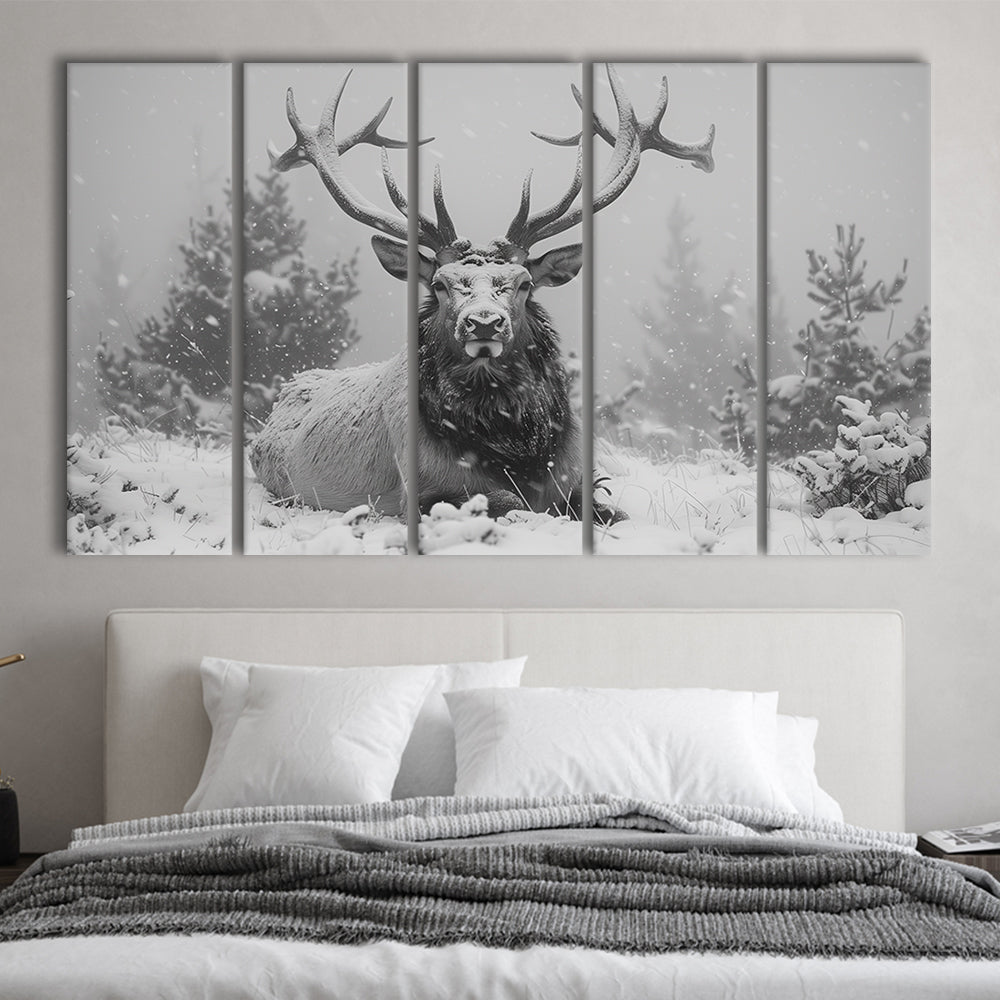 Black And White Elk With Antlers Lying in Forest, Canvas Art Print, Painting Art, Multi Panels Canvas Print Wall Art
