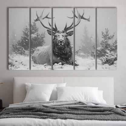 Black And White Elk With Antlers Lying in Forest, Canvas Art Print, Painting Art, Multi Panels Canvas Print Wall Art
