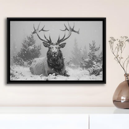 Black And White Elk With Antlers Lying in Forest, Framed Canvas Print, Painting Art, Floating Framed Canvas Wall Art