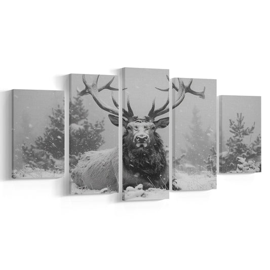 Black And White Elk With Antlers Lying in Forest, Canvas Art Decor Print, Painting Art, Mixed Panels Canvas Print Wall Art