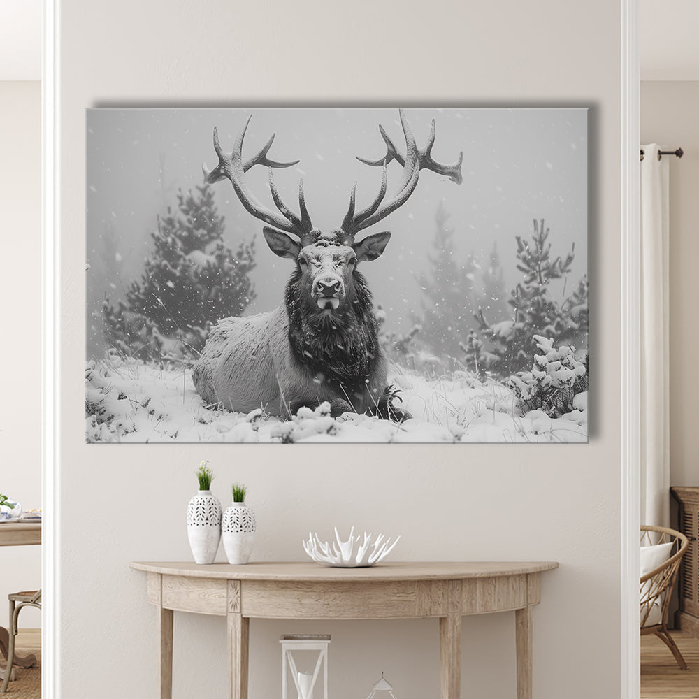 Black And White Elk With Antlers Lying in Forest, Canvas Art Decor Print, Painting Art, Canvas Print Wall Art Home Decor