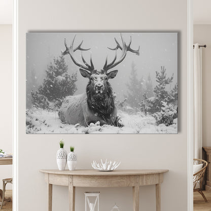 Black And White Elk With Antlers Lying in Forest, Canvas Art Decor Print, Painting Art, Canvas Print Wall Art Home Decor