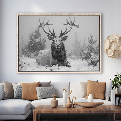 Black And White Elk With Antlers Lying in Forest, Framed Canvas Print, Painting Art, Floating Framed Canvas Wall Art